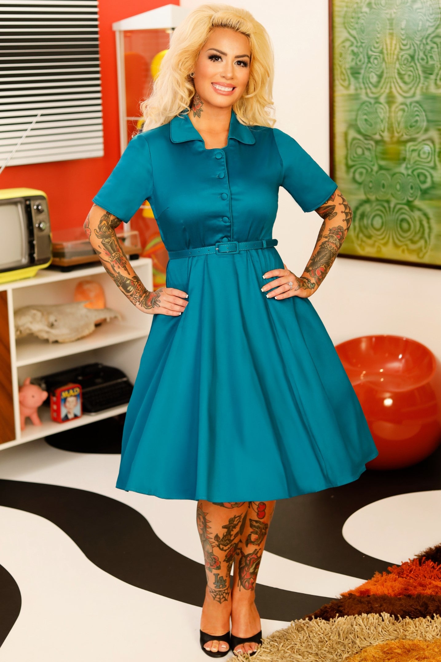 Penelope 1950 s Teal Blue Shirt Dress 8