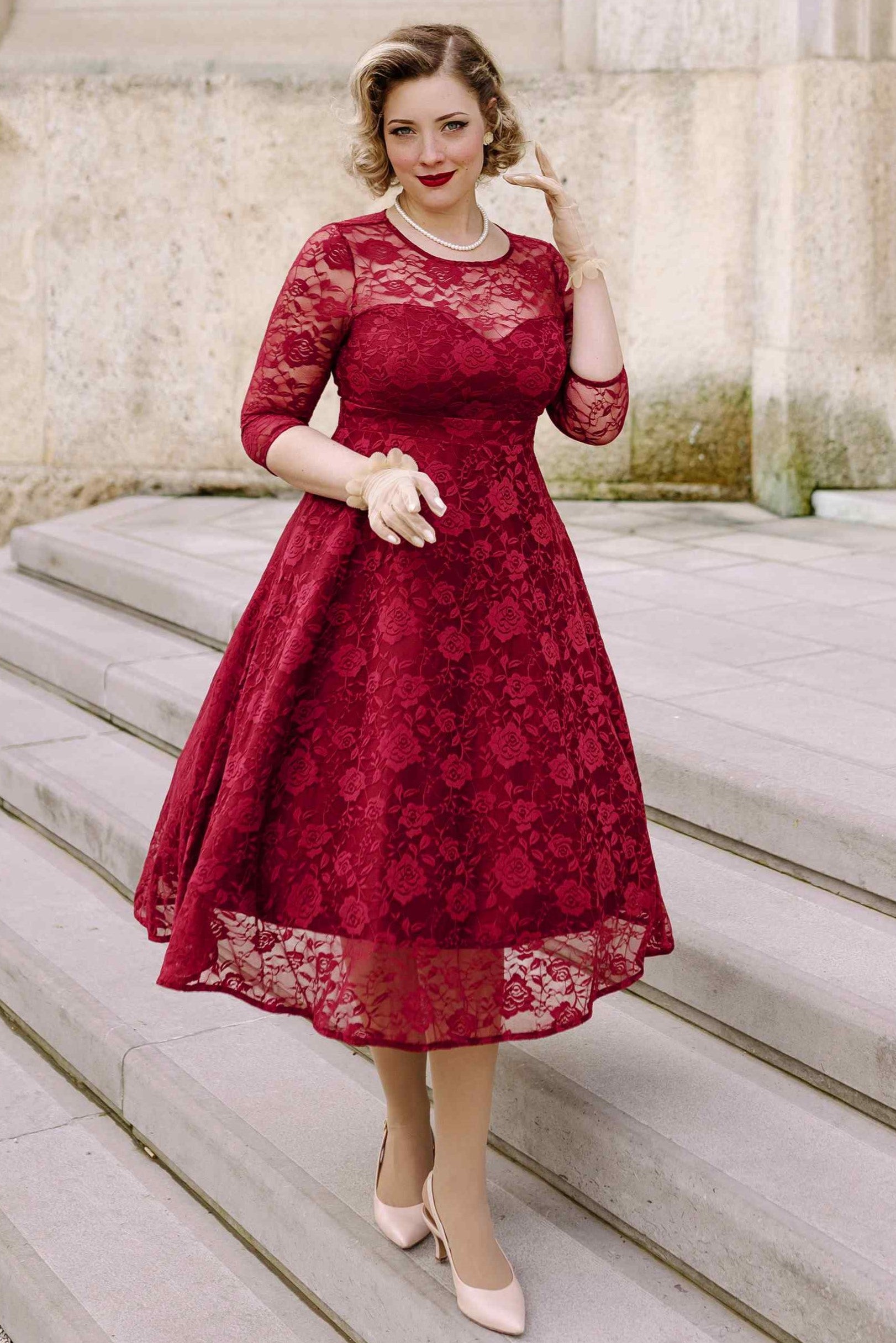 Madeline Long Sleeved Burgundy Lace Dress 8