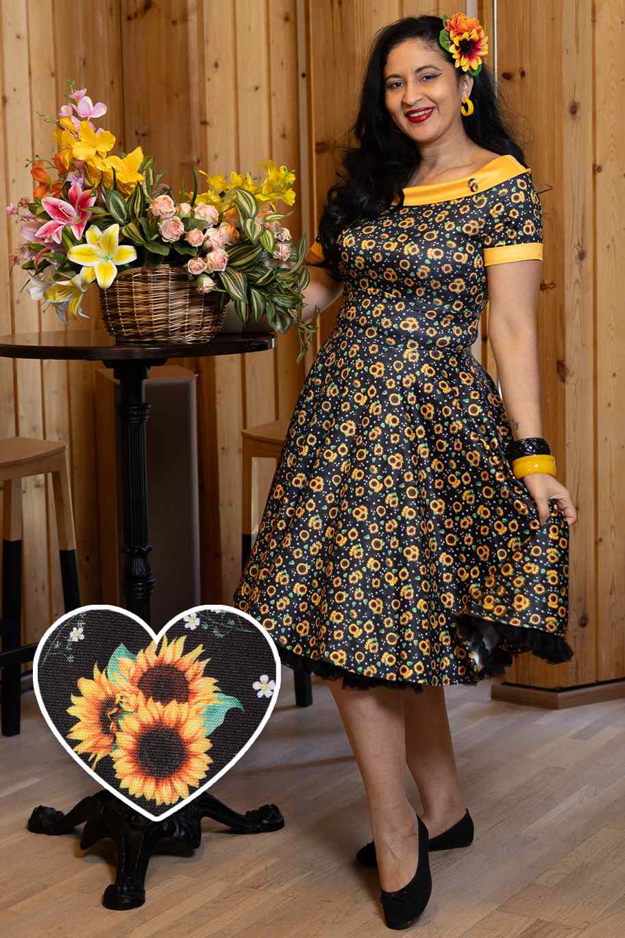 Darlene Black Sunflower Swing Dress