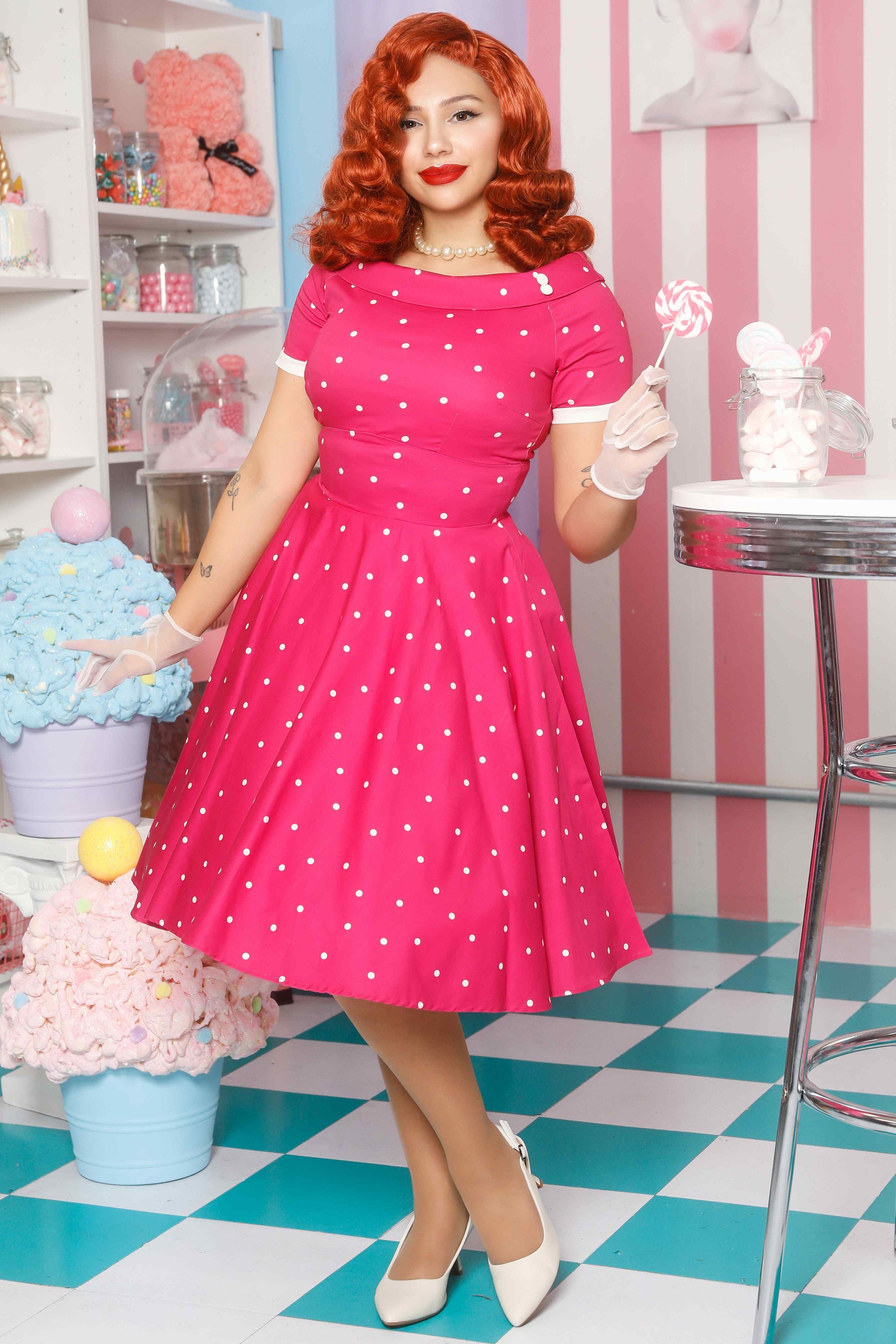 Darlene Hot Pink Polka Dot Swing Dress 8