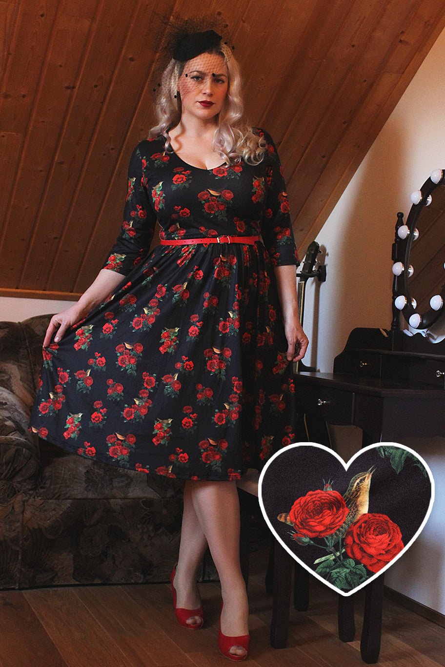 Billie Red Rose Bird Long Sleeved Dress 8