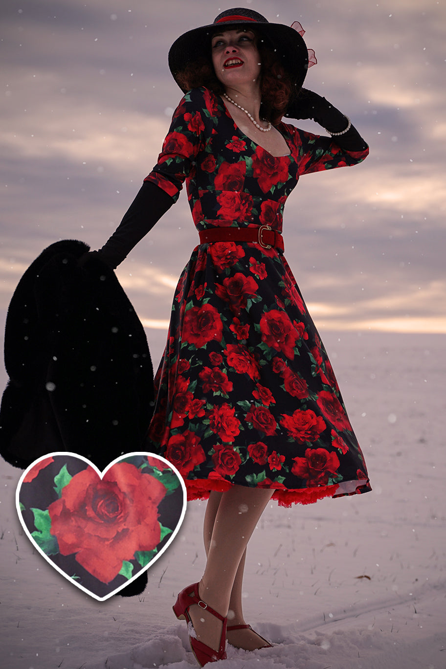 Black gown fashion with red roses