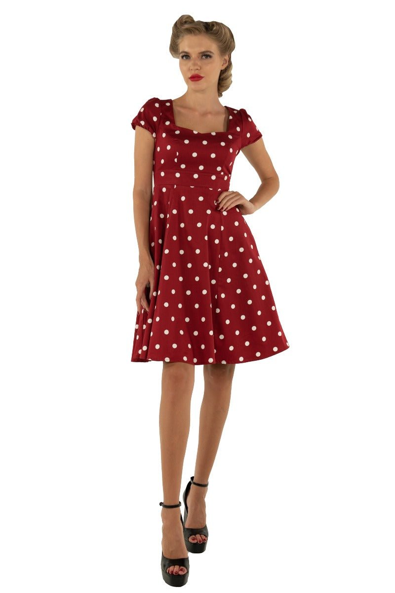 Burgundy and white shop polka dot dress