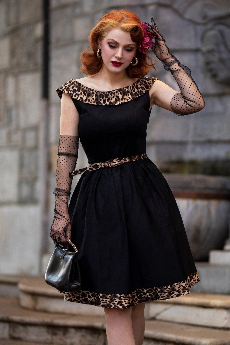 Retro Dress in Black Leopard Animal Print - Dolly and Dotty