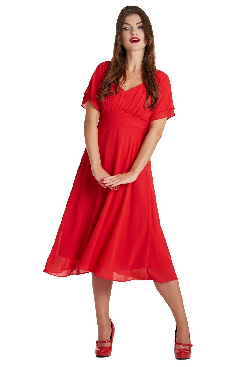 Meredith 50 s V Neck Floaty Chiffon Dress in Red