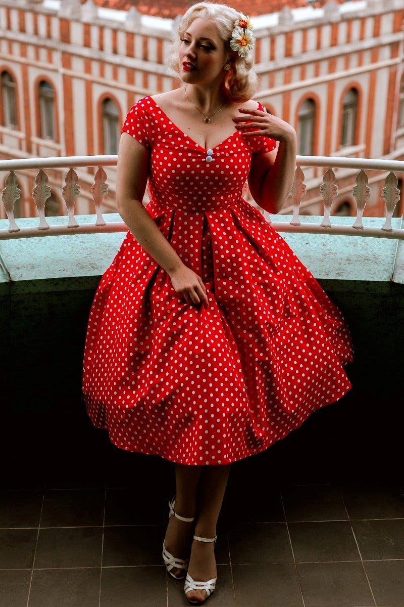 Lily Off Shoulder 50 s Polka Dot Swing Dress in Red White 8