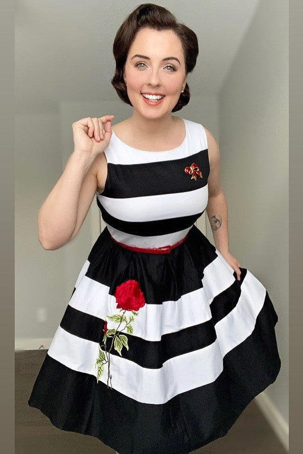 Black and white striped swing dress best sale