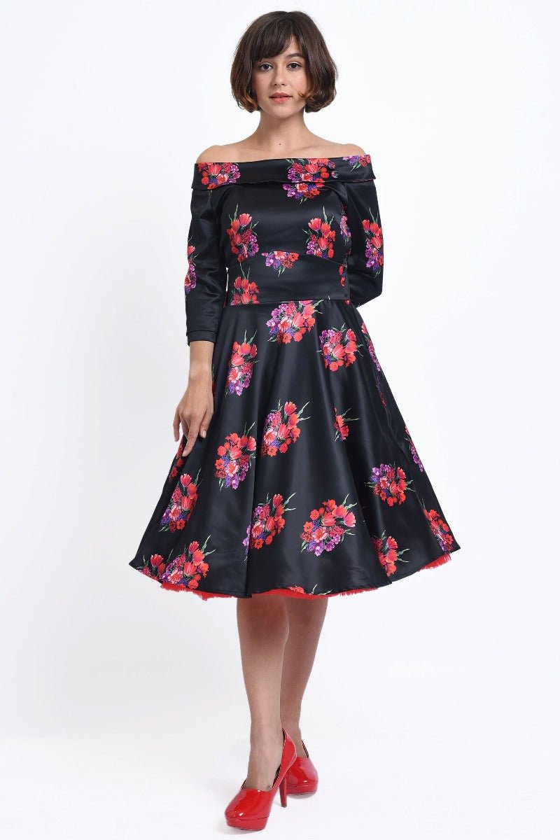 Deborah Long Sleeves Swing Dress in Black with Pink Flowers 8