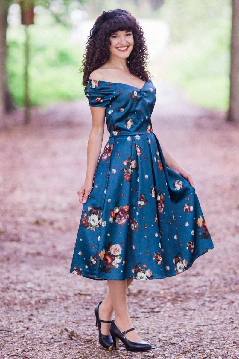 Lily Off Shoulder 50 s Dress in Blue Floral Roses Print