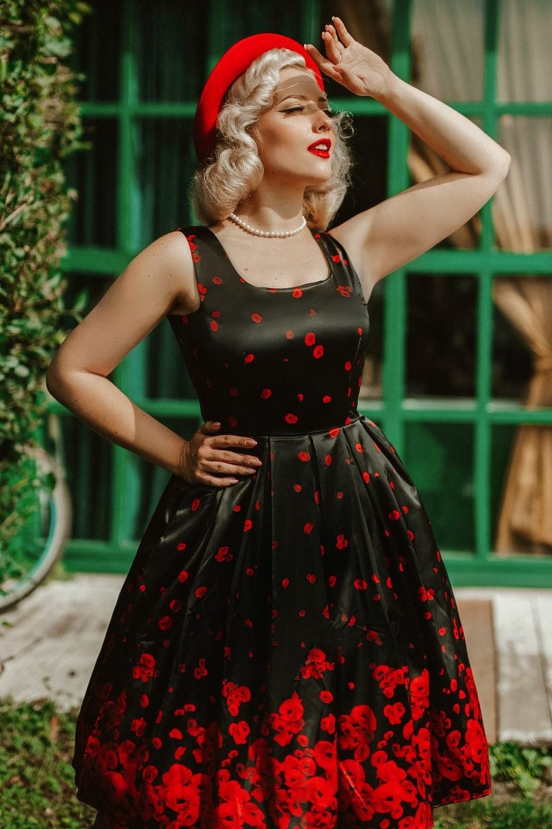 Amanda Vintage Satin Dress in Black/Red Floral Poppy Print