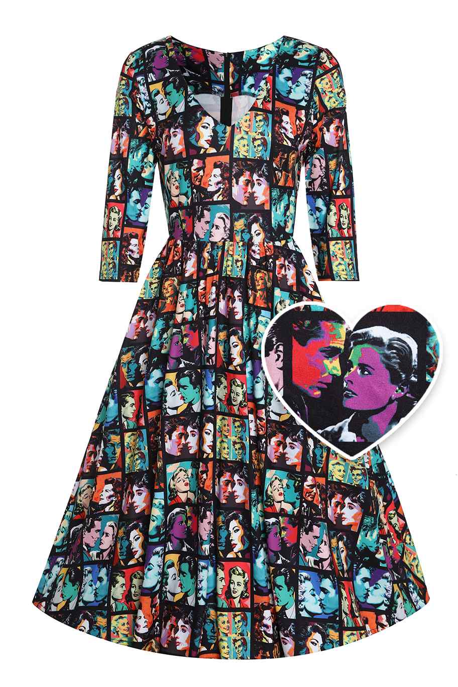 Front view of 50s Romance Pop Art Black Flared Dress