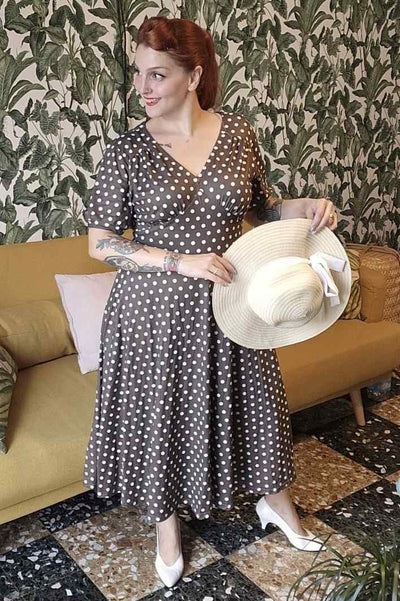 50s Style Brown & White Polka Dot Dress