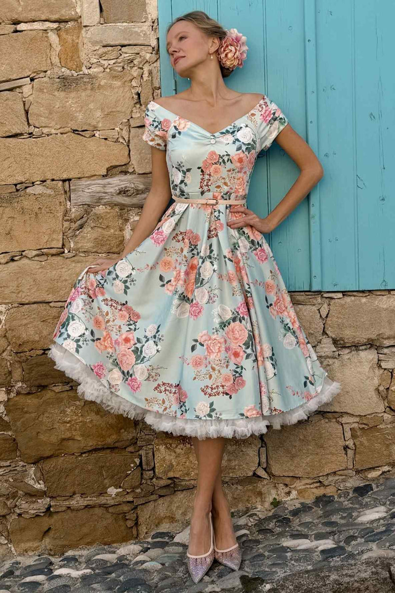 Lily Ladies Summer Floral Tea Dress In Mint Green