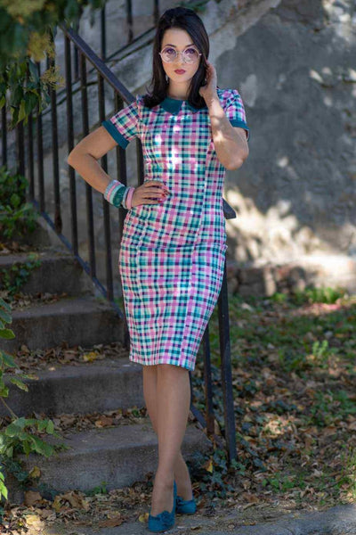 A lady wearing a 50s Style Pink & Green Check Collar Dress