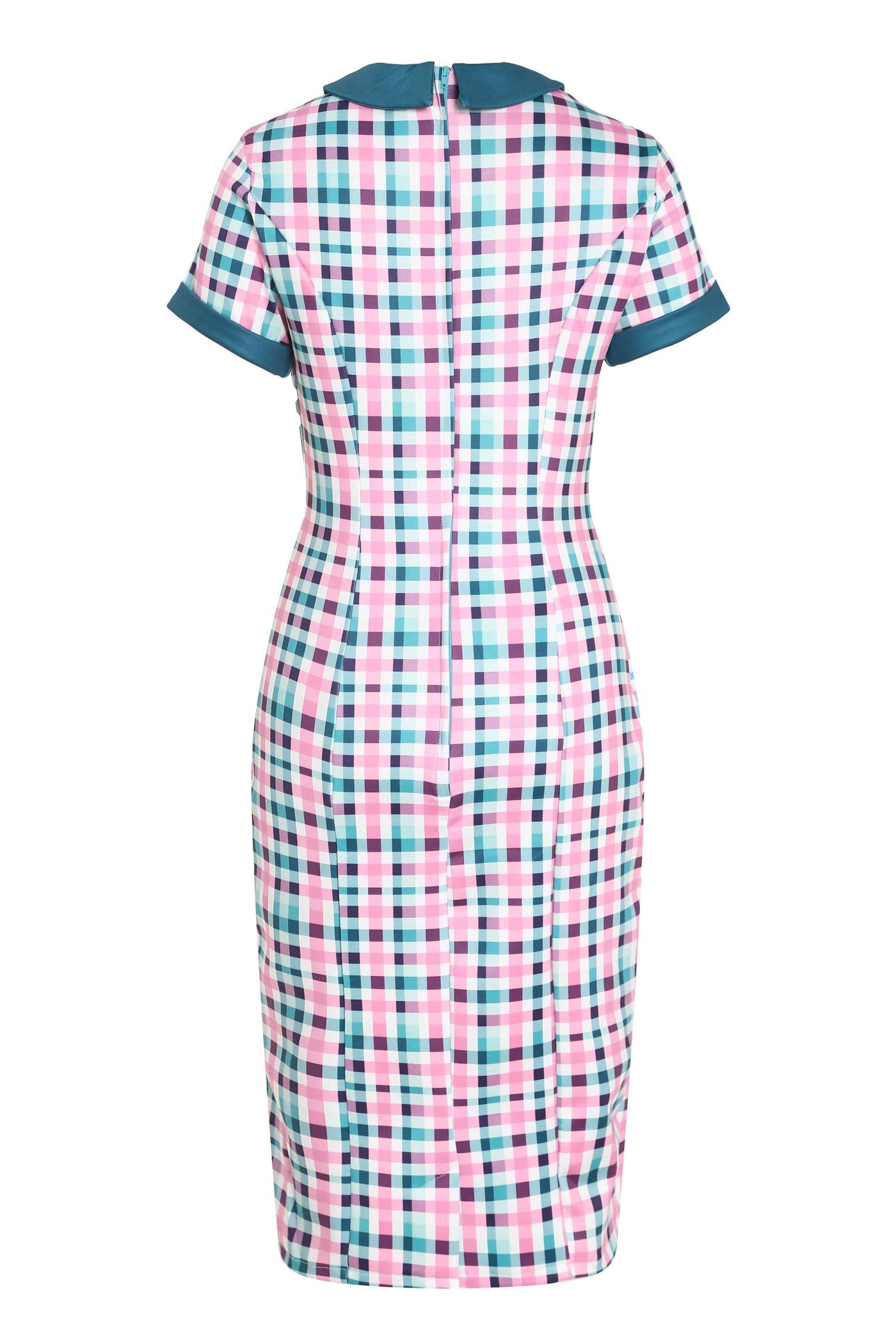 Back view 50s Style Pink & Green Check Collar Dress