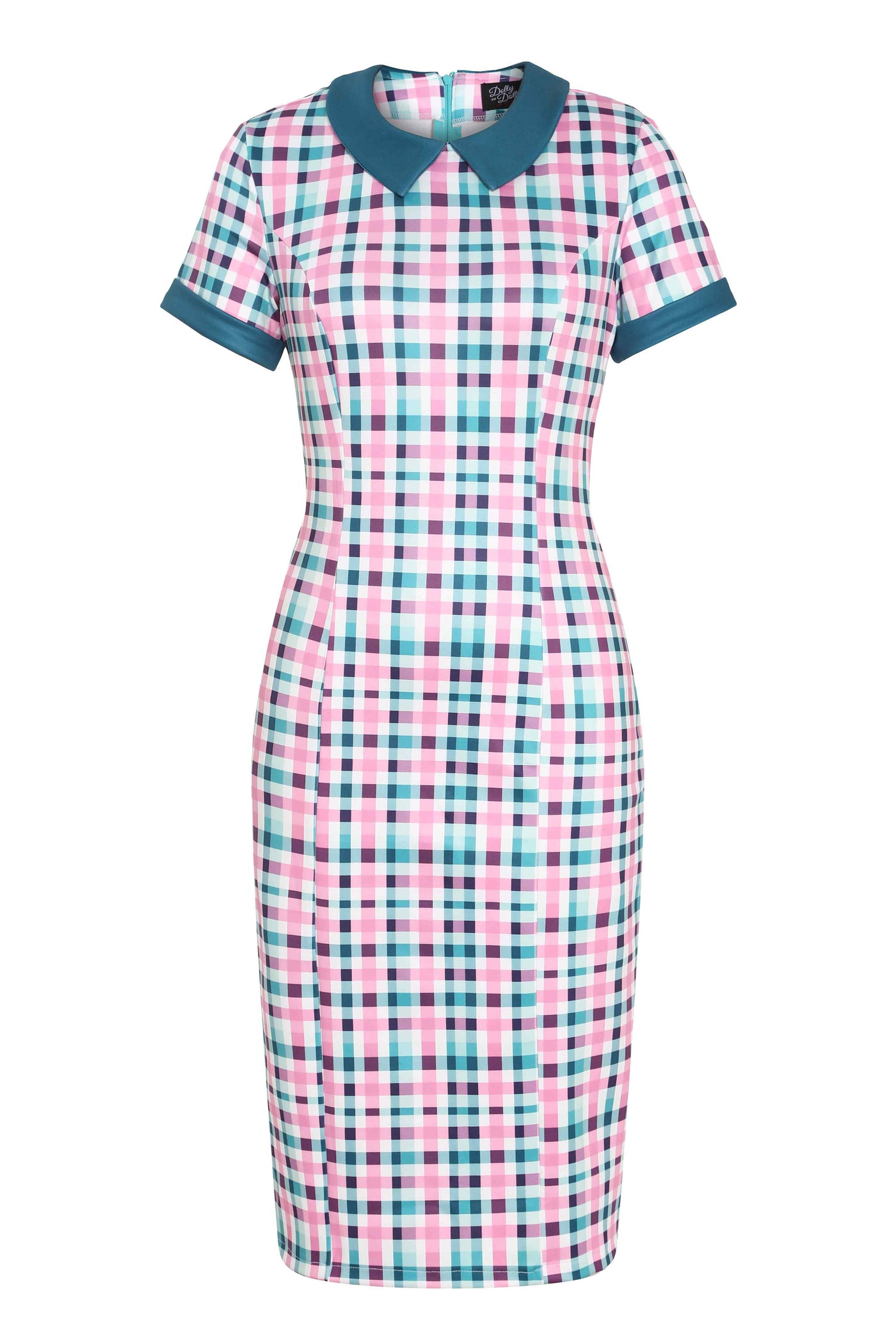 Front view of 50s Style Pink & Green Check Collar Dress