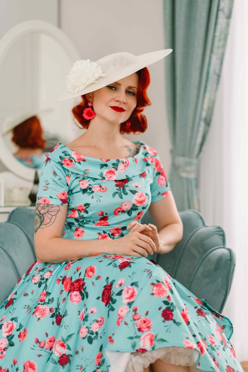 Vintage 50 s Aqua Blue Floral Print Swing Dress