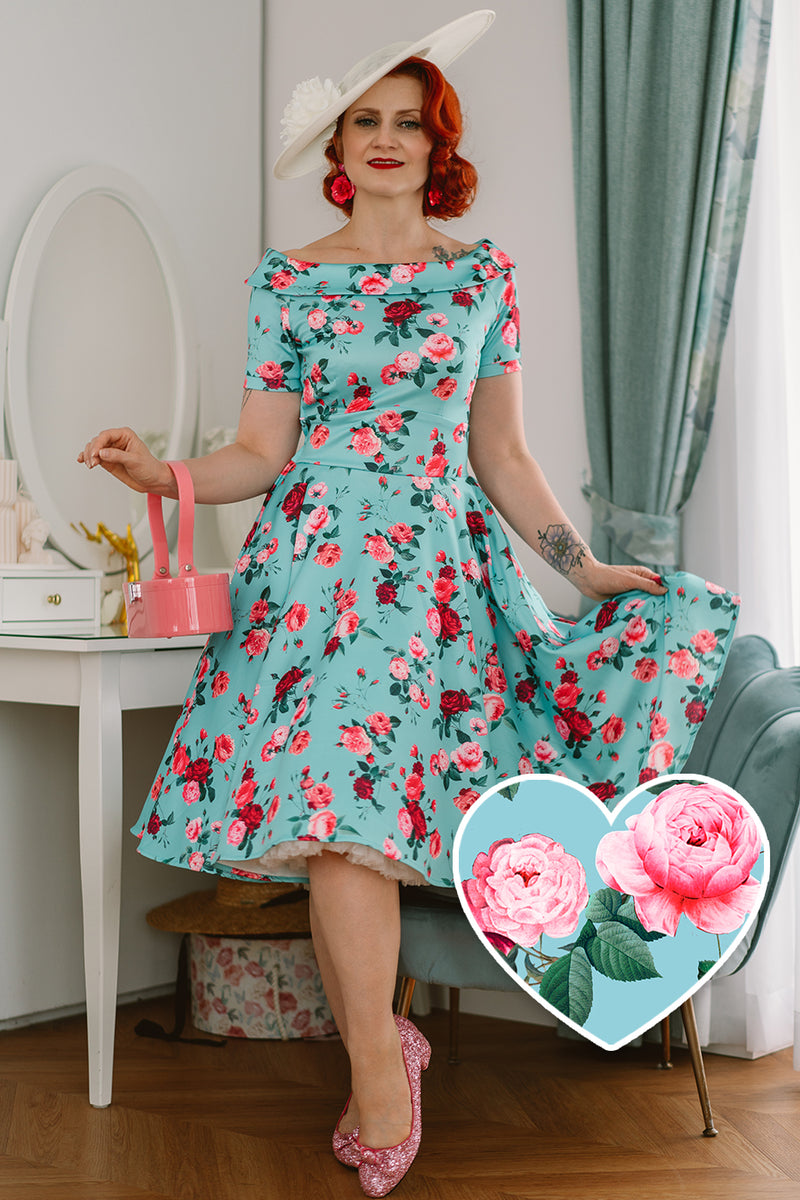 Darlene 50s Style Rose Floral Off Shoulder Swing Dress in Aqua Blue 8