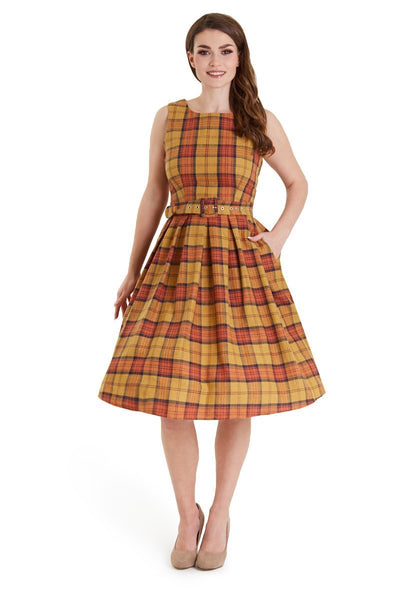 A model wearing 50s Yellow Plaid Swing Dress