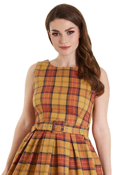 Close up view of 50s Yellow Plaid Swing Dress