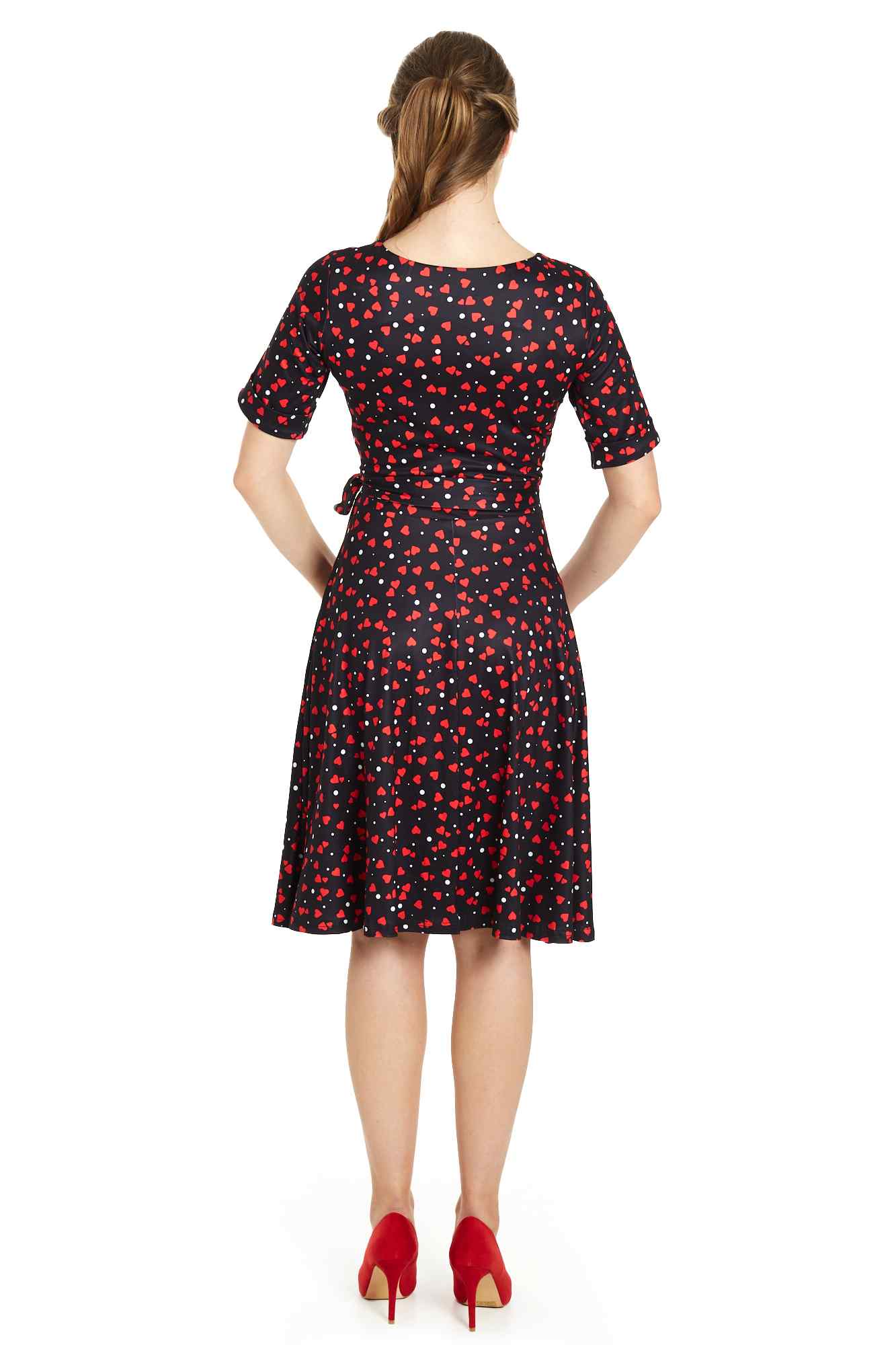 Model photo of  Black Heart Print Wrap Dress