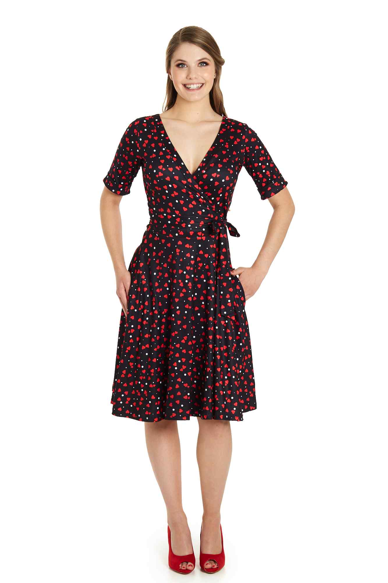 Model photo of  Black Heart Print Wrap Dress