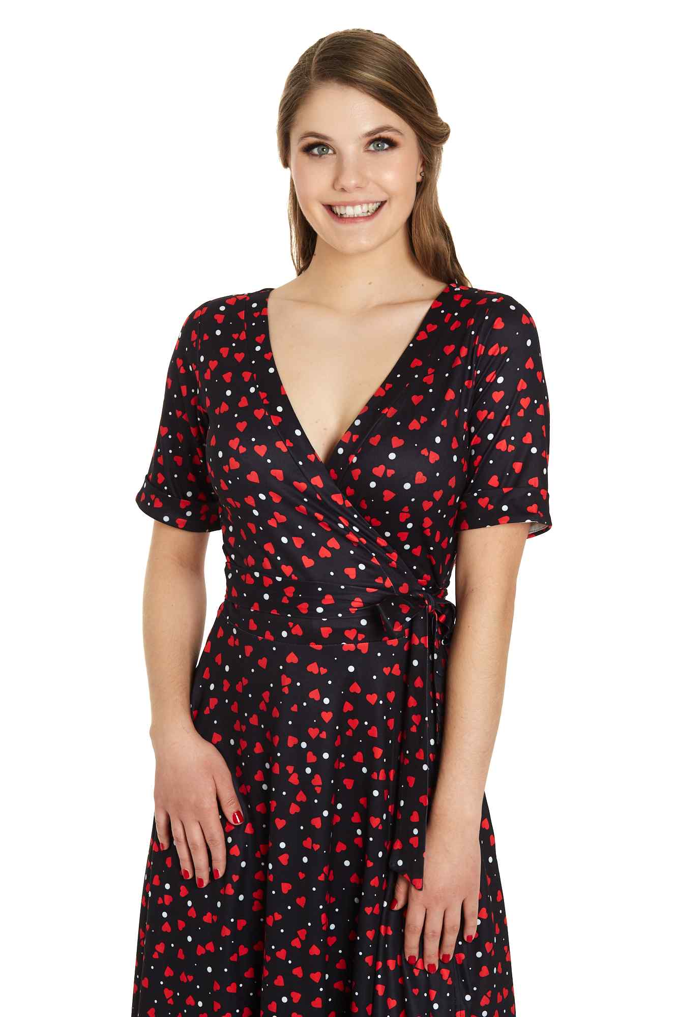 Model photo of  Black Heart Print Wrap Dress