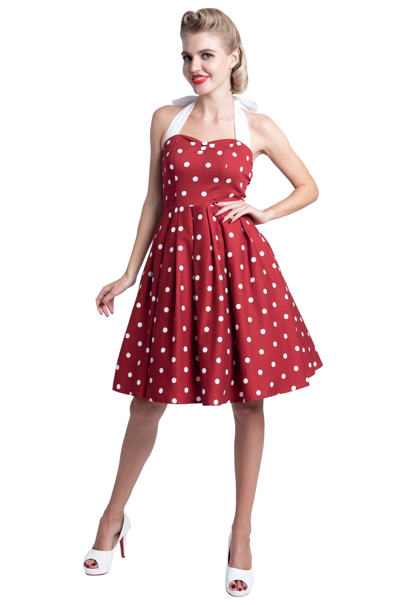 Pinup Burgundy & White Halterneck Dress full frontal angle