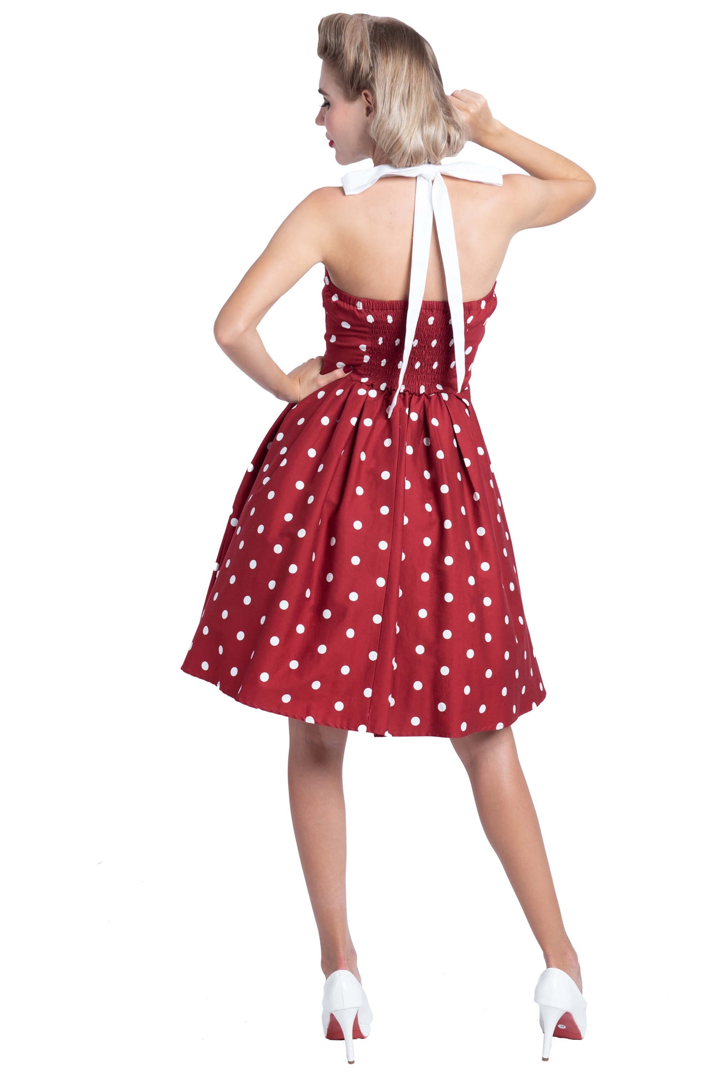 Pinup Burgundy & White Halterneck Dress full back angle