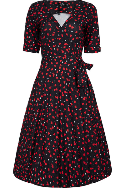 Front view of Black Heart Print Wrap Dress