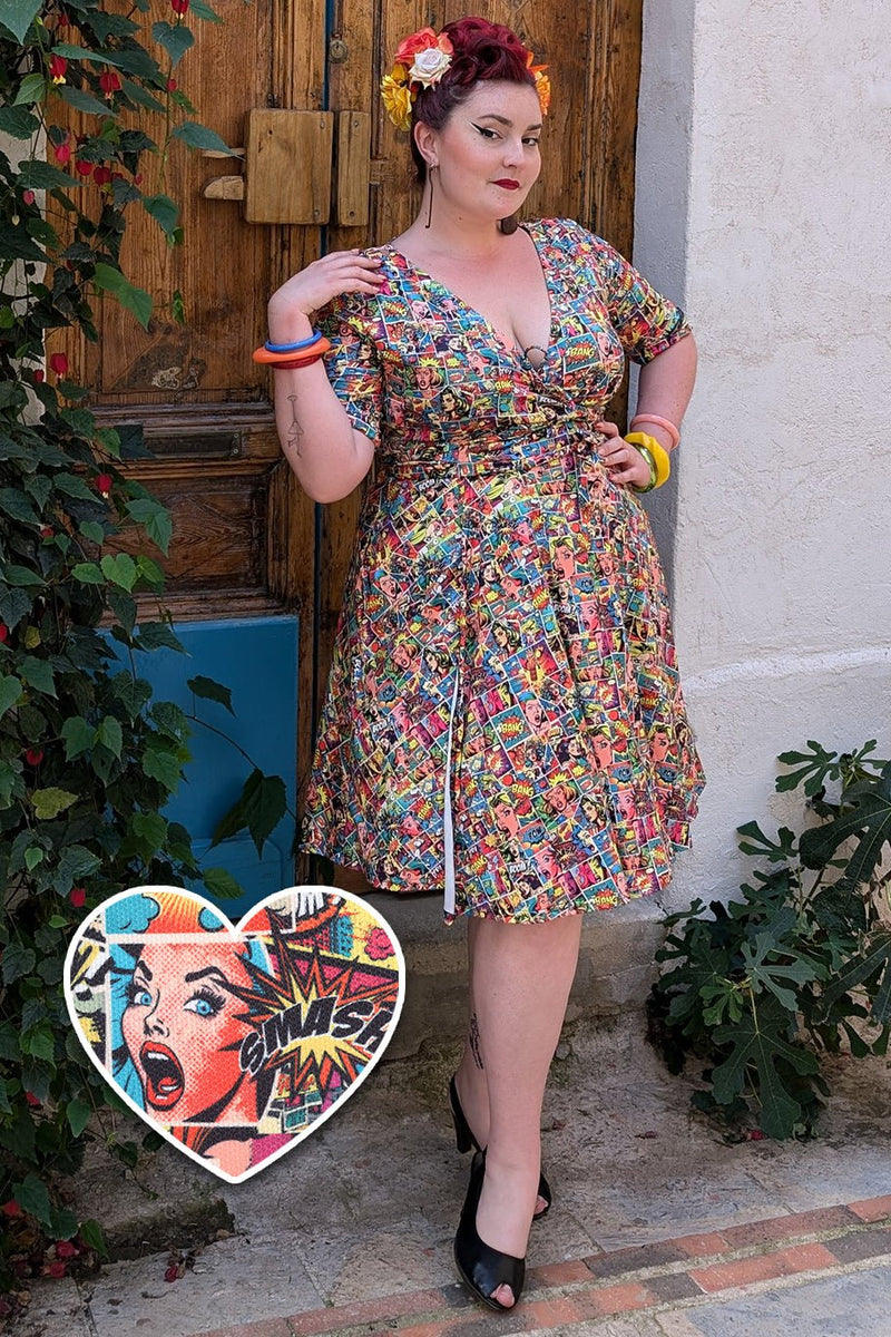 Model wearing Comic Wrap Dress