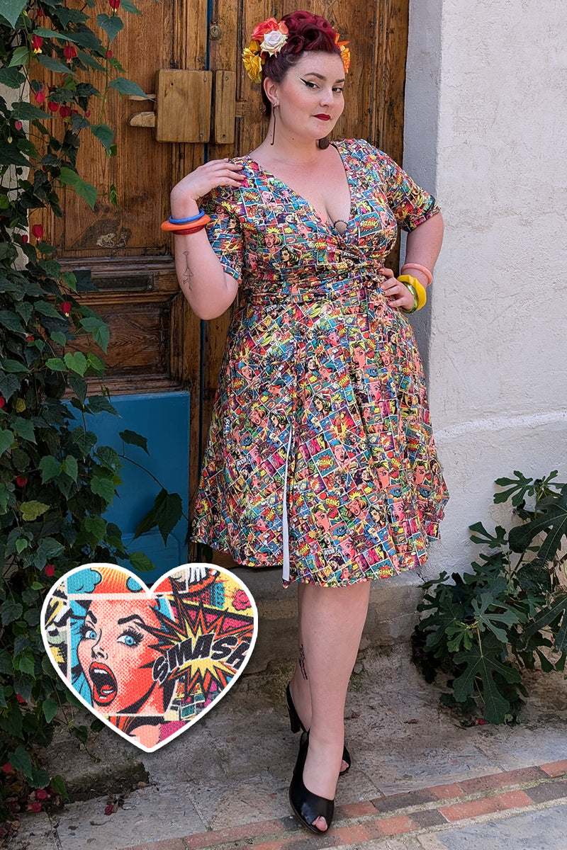 Model wearing Comic Wrap Dress