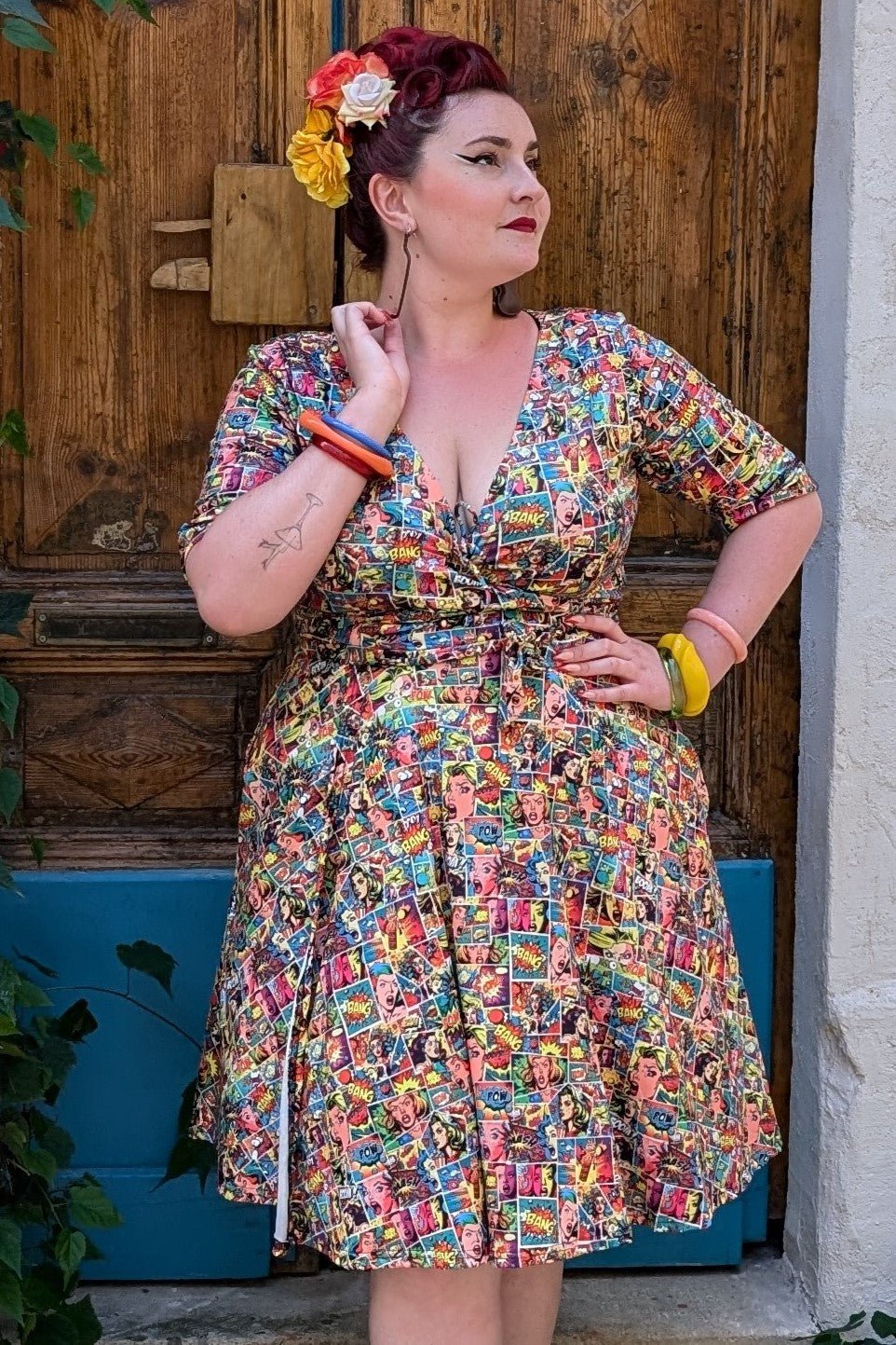 Model wearing Comic Wrap Dress