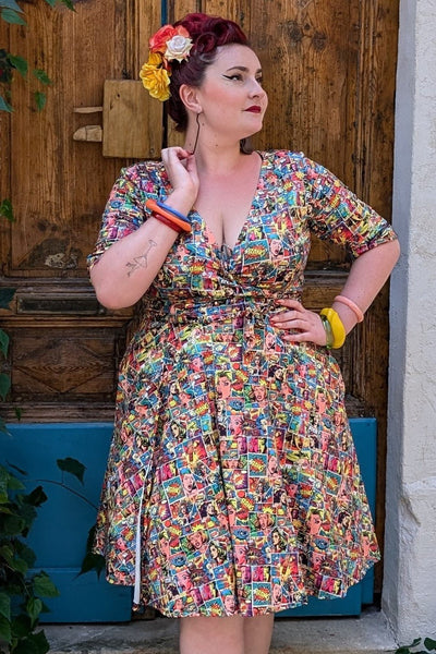 Model wearing Comic Wrap Dress