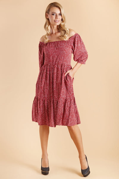 Front view of Floaty Day Dress in Burgundy Polka Dots