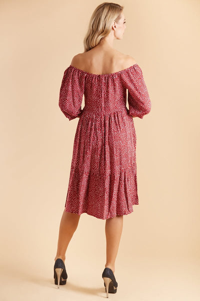 Back view of Floaty Day Dress in Burgundy Polka Dots