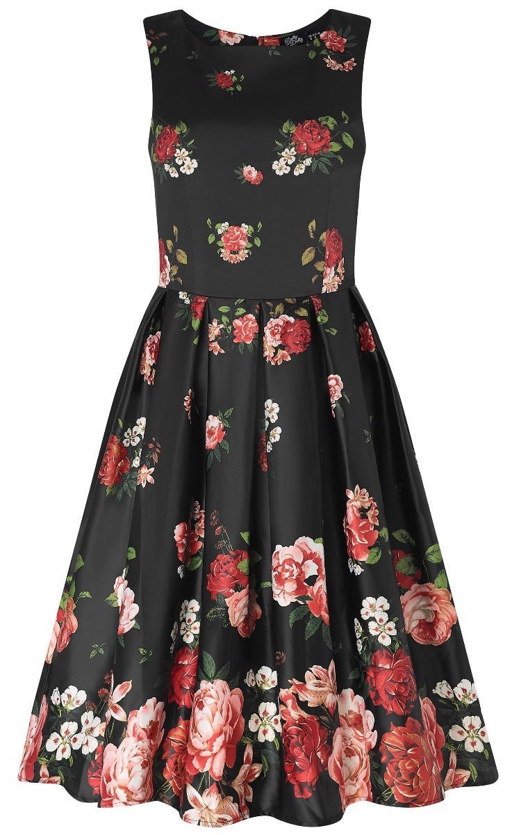 Front view of Floral Roses Satin Flared Dress in Black-Pink