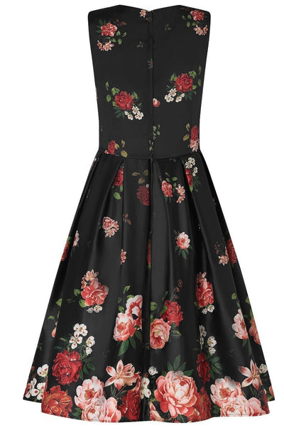 Back view of Floral Roses Satin Flared Dress in Black-Pink