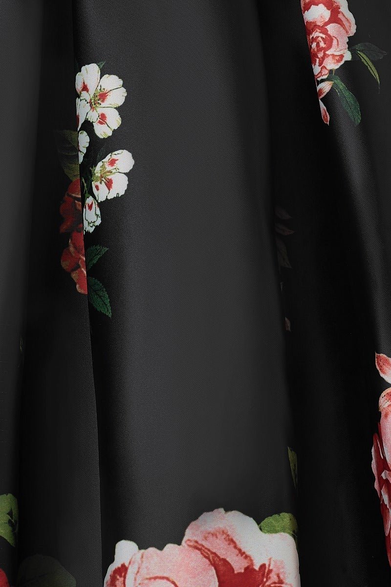 Floral Roses Satin Flared Dress in Black-Pink