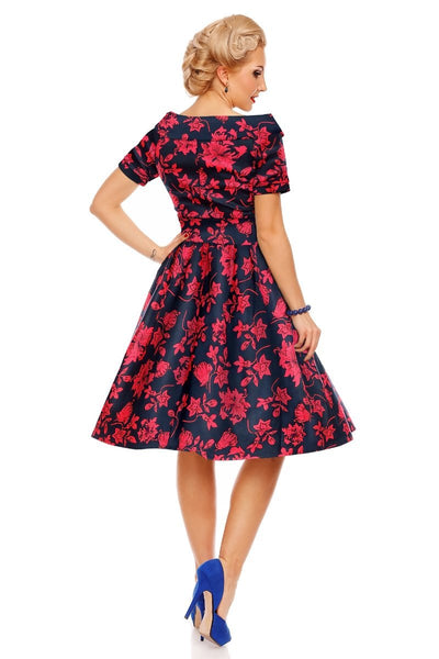 Floral Roses Swing Dress in Blue-Red