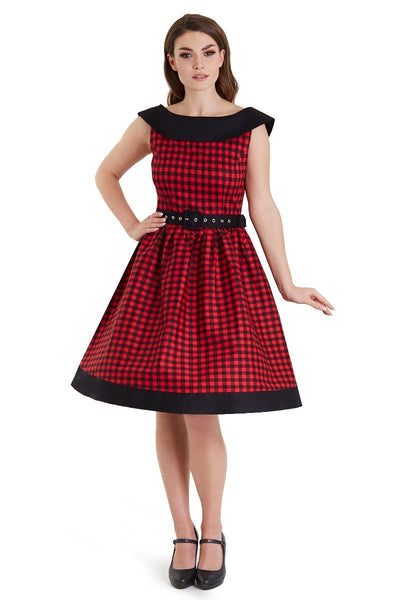 A model wearing Full Circle Dress in Red Checkered