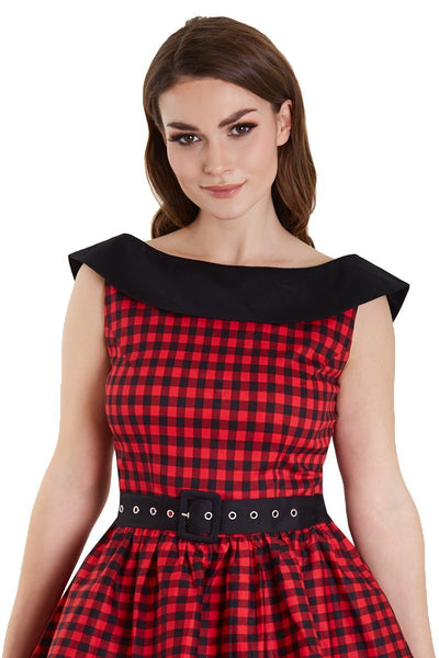 Close up view of Full Circle Dress in Red Checkered