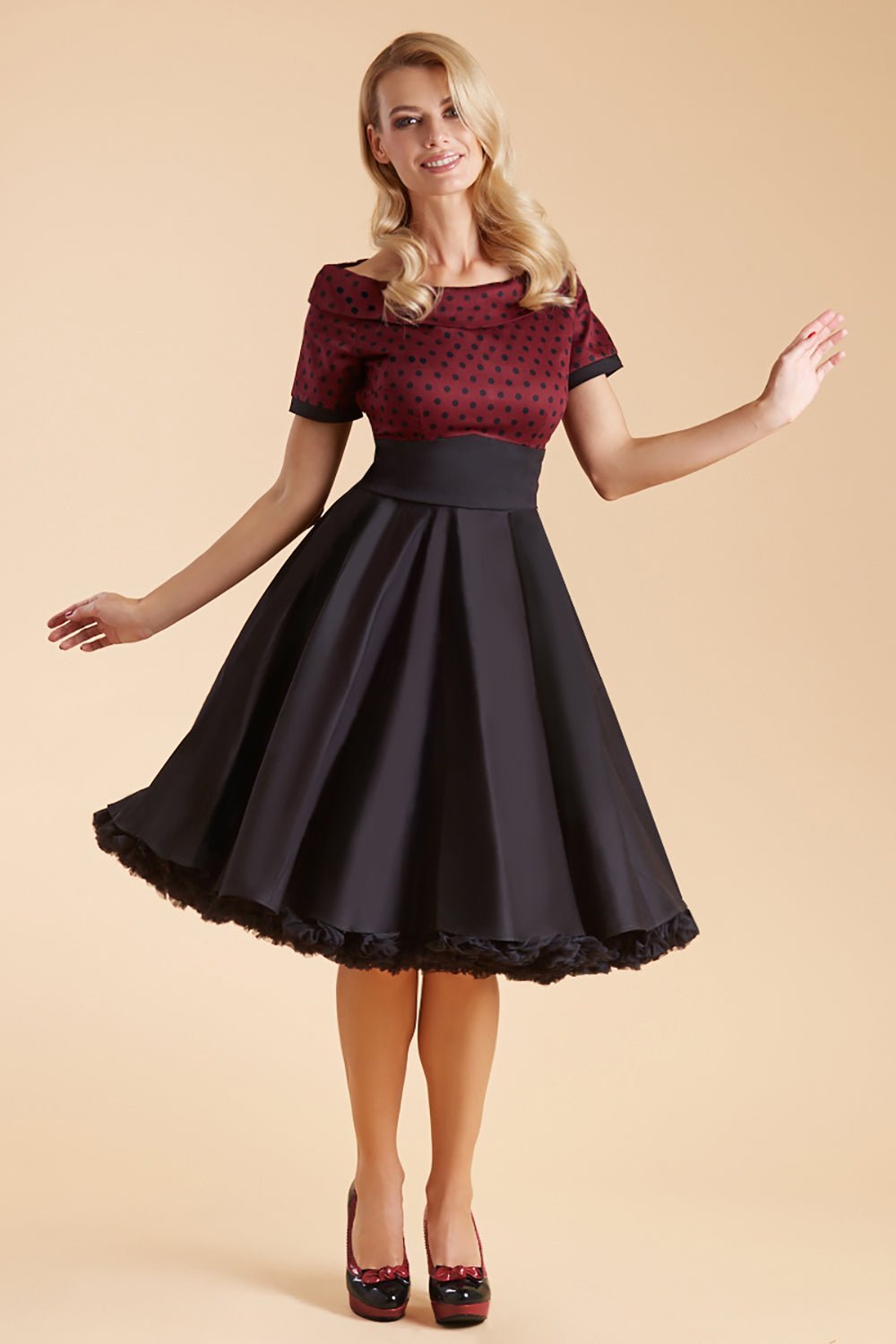 Full Circle Swing Dress in Burgundy Polka-Black