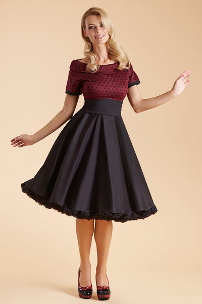 Full Circle Swing Dress in Burgundy Polka-Black