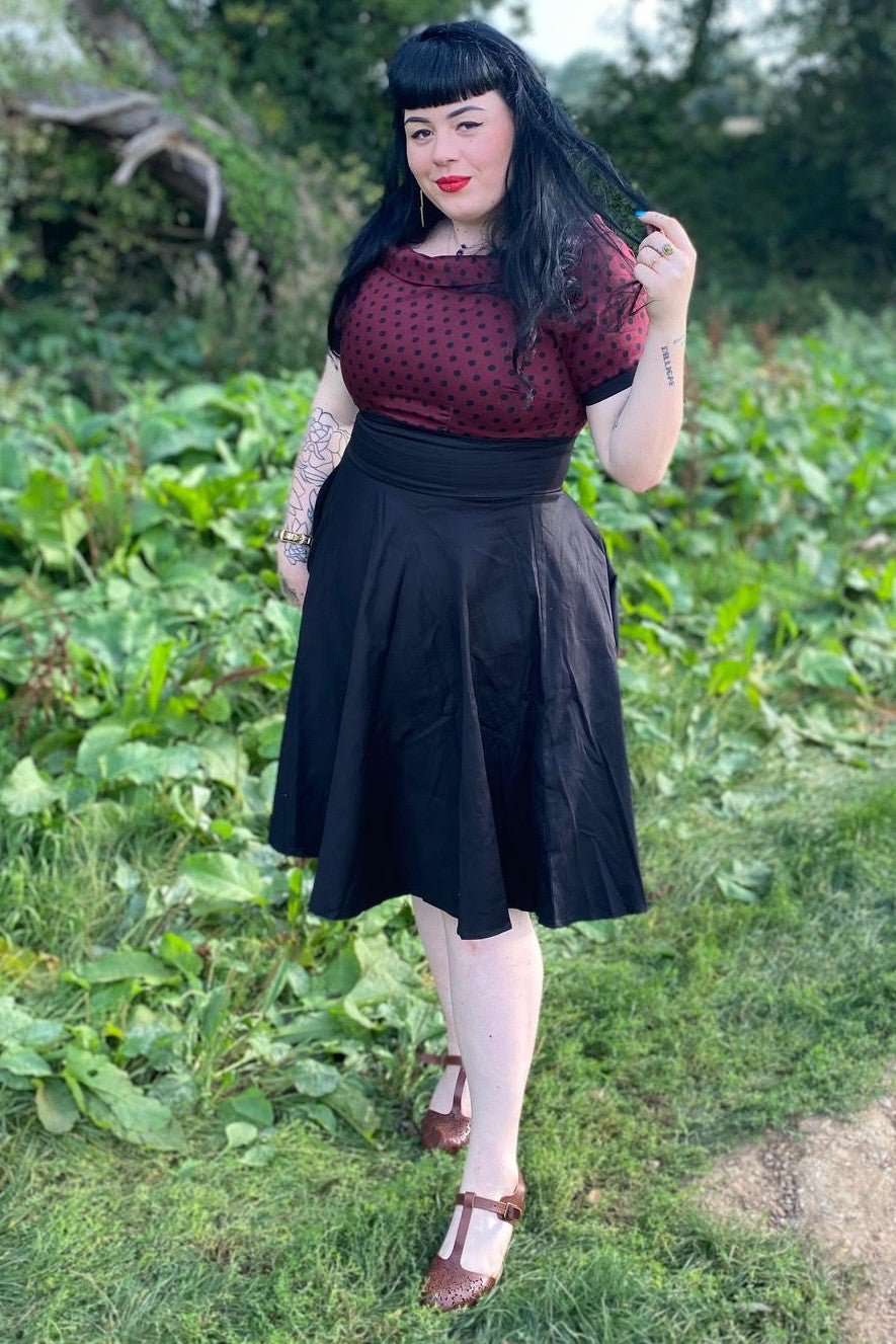 Full Circle Swing Dress in Burgundy Polka-Black