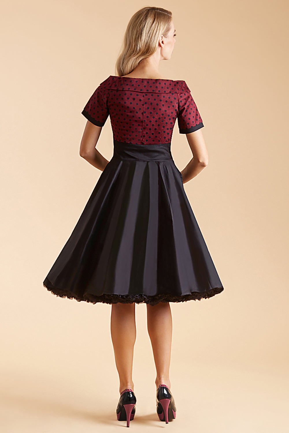 Full Circle Swing Dress in Burgundy Polka-Black