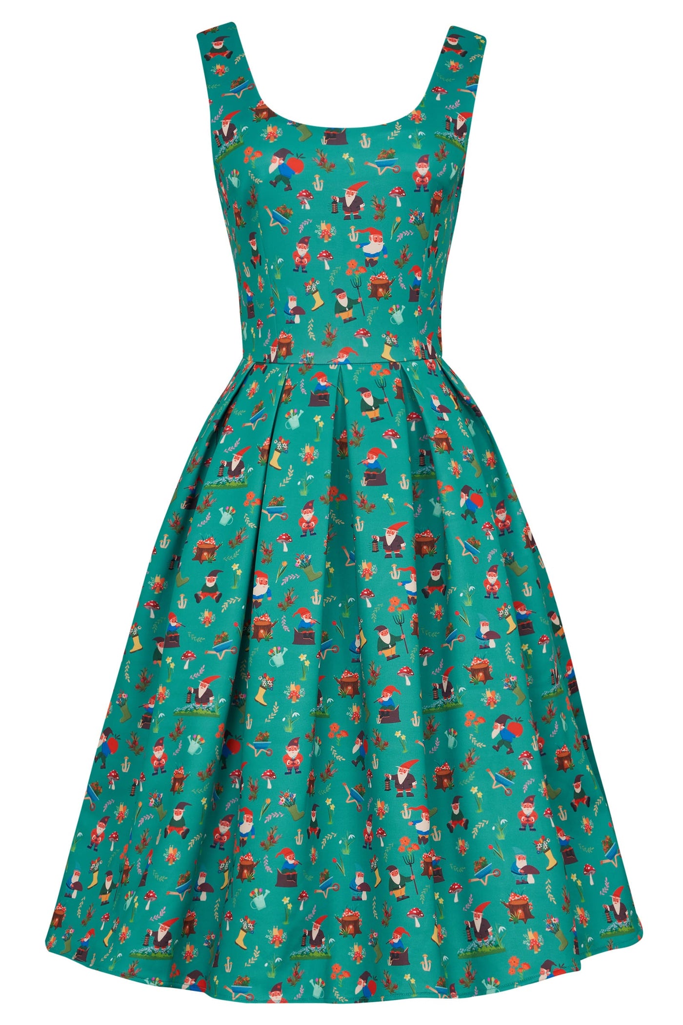 Front view of Green Garden Gnome Circle Dress