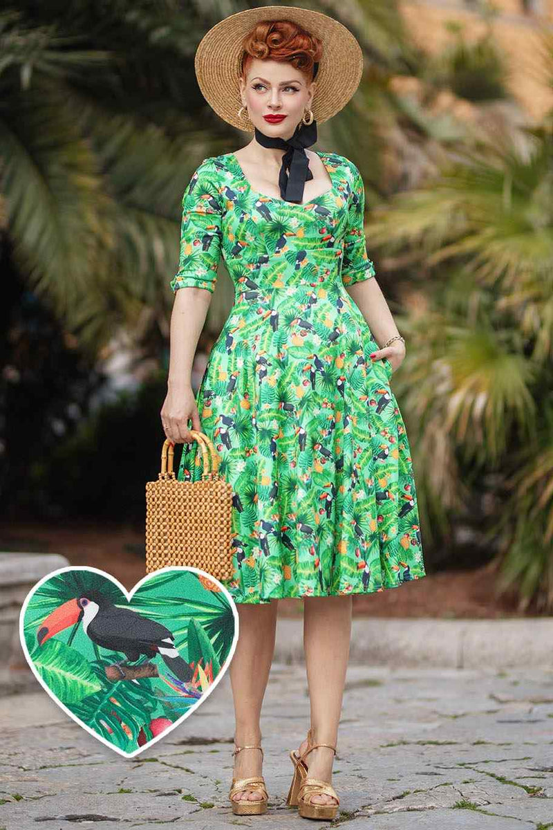 Model photo of Green Tropical Toucan Dress