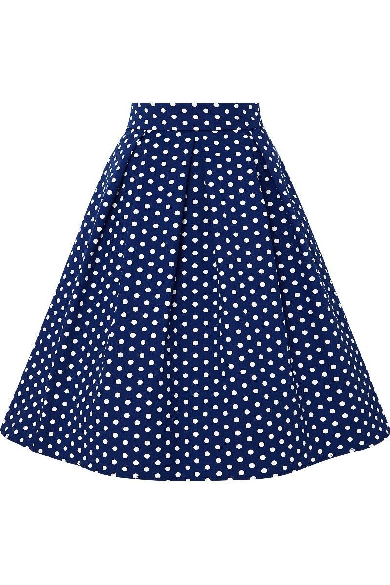 Our black top and dark blue polka dot flared skirt, front view