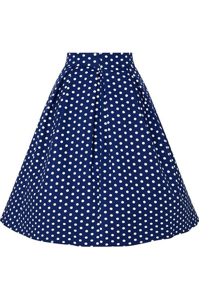 Our black top and dark blue polka dot flared skirt, back view